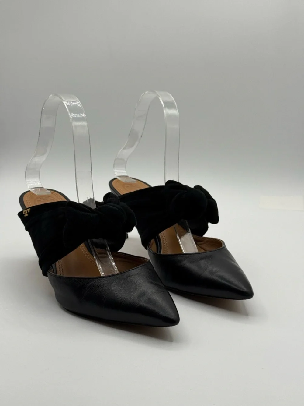 Tory Burch Eleanor Black Leather Pointed Toe Mule Heels w/ Velvet Bow Size 7